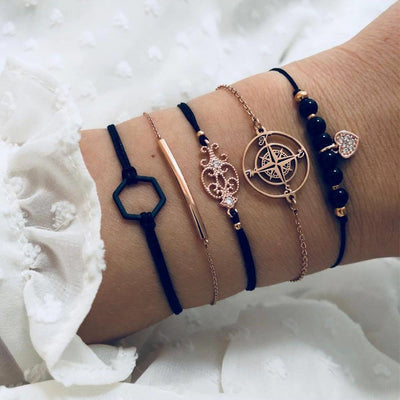 Elegant Bohemian Black Beaded Bracelets Set for Women - Heart & Compass Design in Gold - Korvel