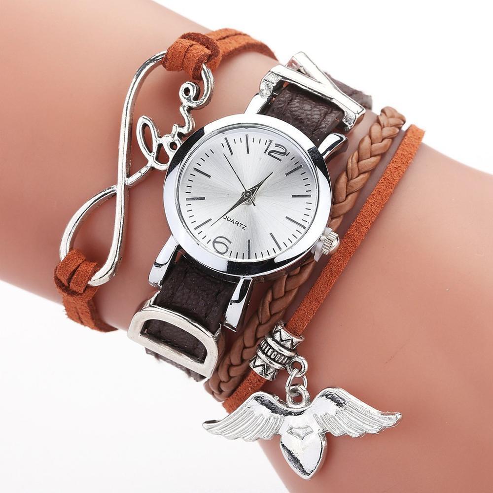 Reloj de Pulsera de Cuero con Colgante de Corazón de Plata de Lujo para Mujeres