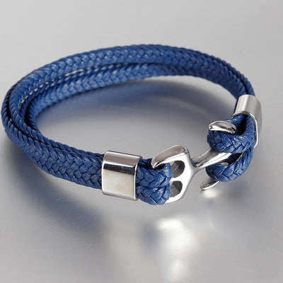 Elegant Blue Leather Bracelet for Men with Gold Anchor