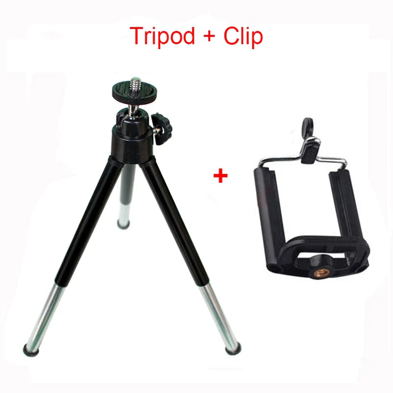 Mini trípode de aluminio con clip para teléfono
