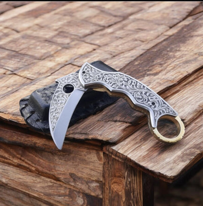 Artisan Hand-Engraved J2 Steel Folding Knife with Premium Leather Case - 7.5" Length - Korvel
