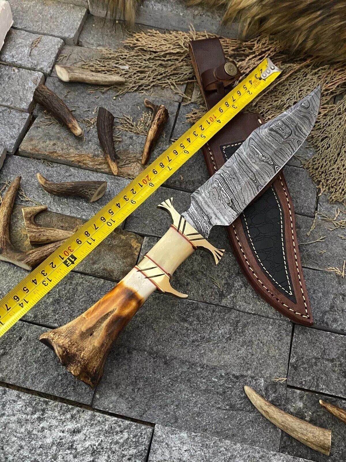 Exquisite Handmade Damascus Steel Bowie Knife – 13-Inch Blade with Elegant Bone and Brass Handle, Includes Premium Leather Sheath - Korvel