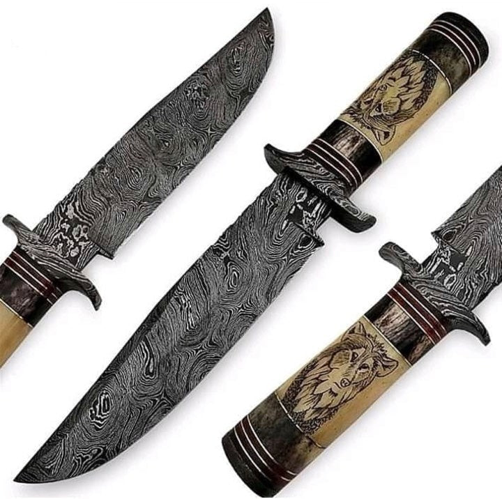 Custom Handcrafted Bowie Knife with Leather Sheath – Exquisite Damascus Steel Blade, Bone & Buffalo Horn Handle | 13-Inch Hunting Tool – KBS - Korvel