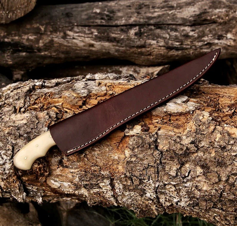 Premium 13" Damascus Fillet & Boning Knife with Camel Bone & Rosewood Handle + Leather Sheath - Korvel