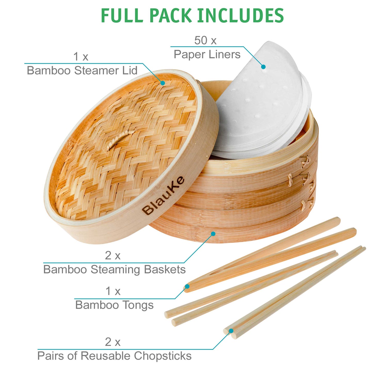 Bamboo Steamer Basket Set – 10" 2-Tier Dumpling & Vegetable Steamer with Accessories - Korvel