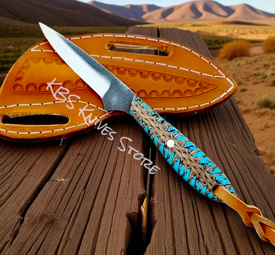 Rustic Cowboy Belt Knife with Turquoise Pine-Cone Resin Handle - Korvel