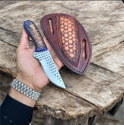 Custom Cowboy Knife with Pancake Sheath – 10" Rasp Tool Steel Blade & Unique Pine Cone Resin Handle - Korvel