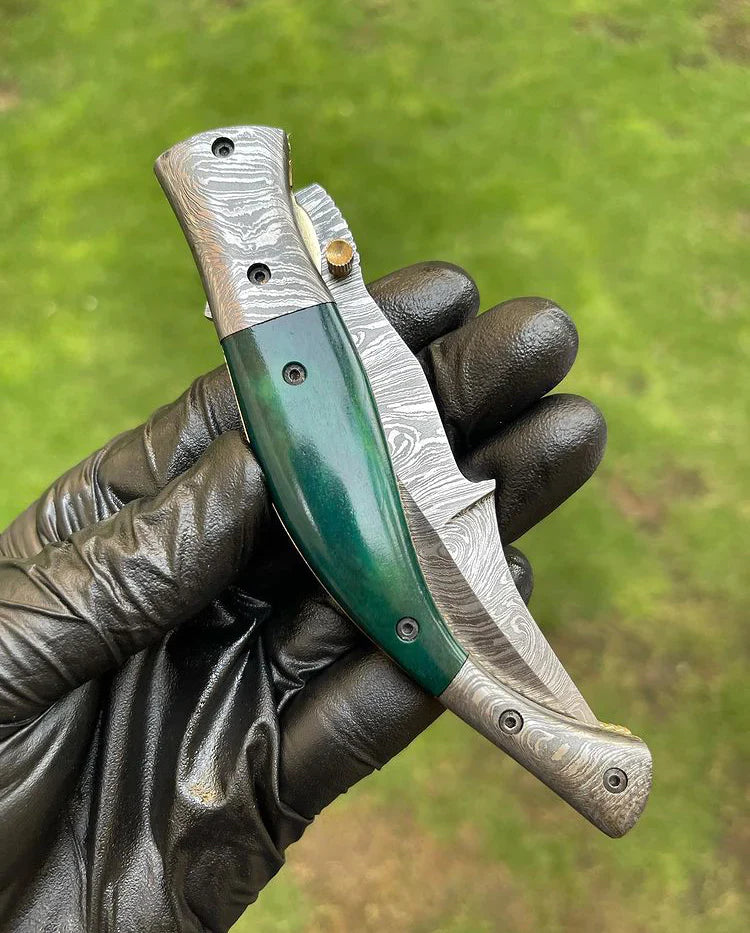 Artisan Crafted Damascus Steel EDC Folding Knife – 3-Inch Blade with Colorful Bone Handle & Brass Accents, Includes Leather Sheath - Korvel