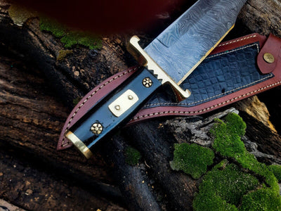 13-Inch Premium Damascus Steel Bowie Knife with Buffalo Horn Handle & Leather Sheath – Ideal for Collectors and Outdoor Enthusiasts - Korvel