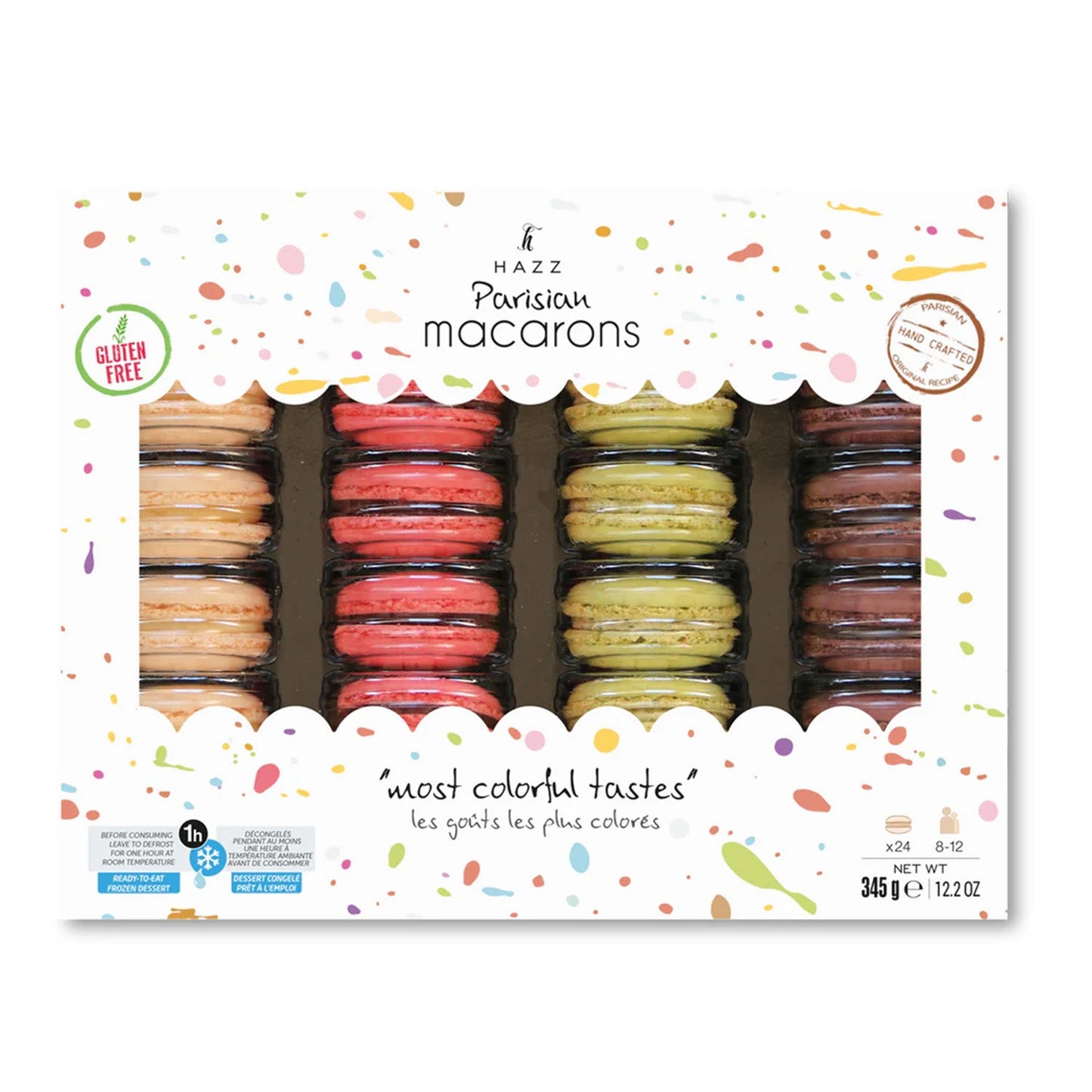 Caja de macarrones Hazz para fiestas: 24 unidades (345 g) x 4 cajas: chocolate, frambuesa, pistacho y plátano