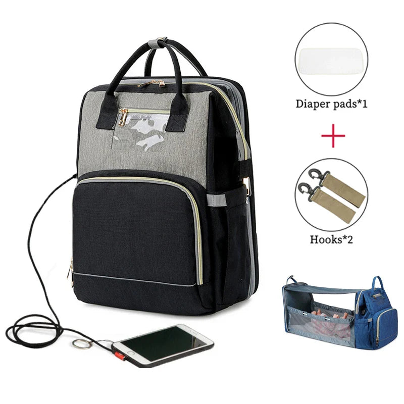 USB Diaper Bags Backpack Foldable Sunscreen Baby Bed Crib Bag Large Capacity Insulation Nursing Stroller Bag With Changing Mat - Korvel
