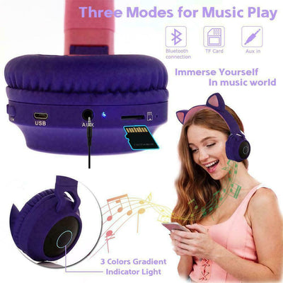 Stevvex Kids' Wireless Bluetooth Cat Ear Headphones - Foldable & Adjustable (Pink) - Korvel