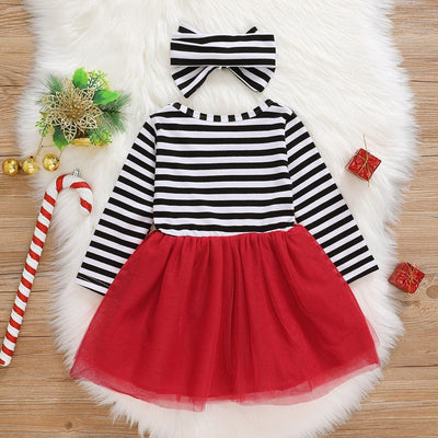 Baby Girls Christmas Santa Striped Print Dress & Headband