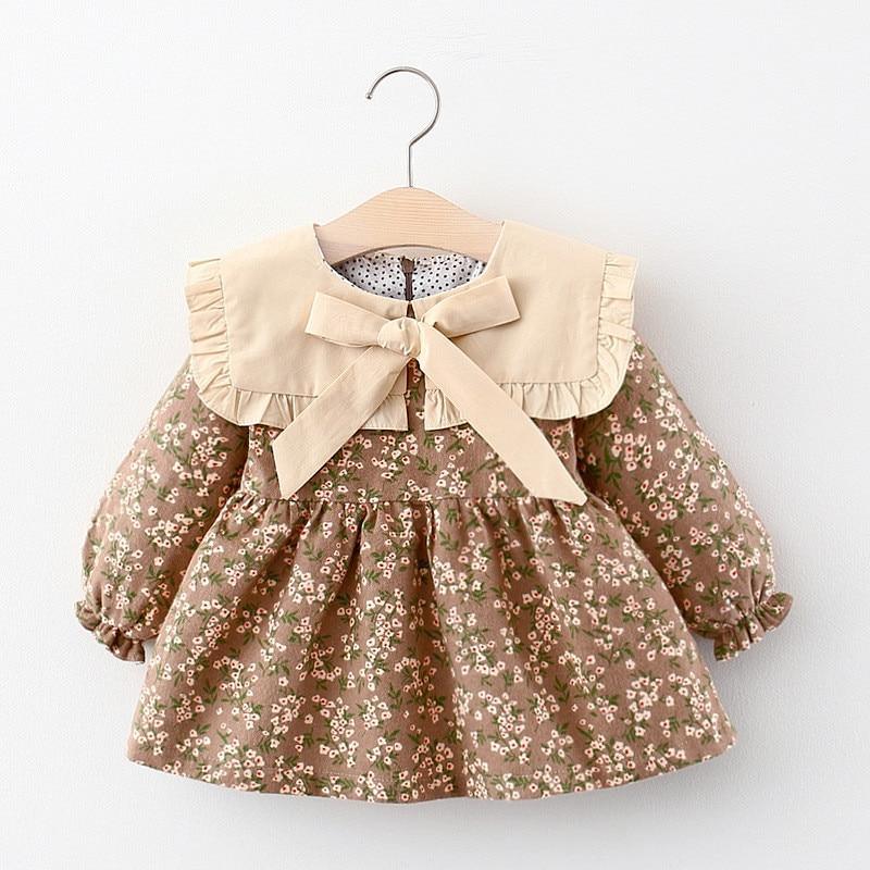 Vestido de Manga Larga con Cuello de Lazo para Niñas Pequeñas de Otoño