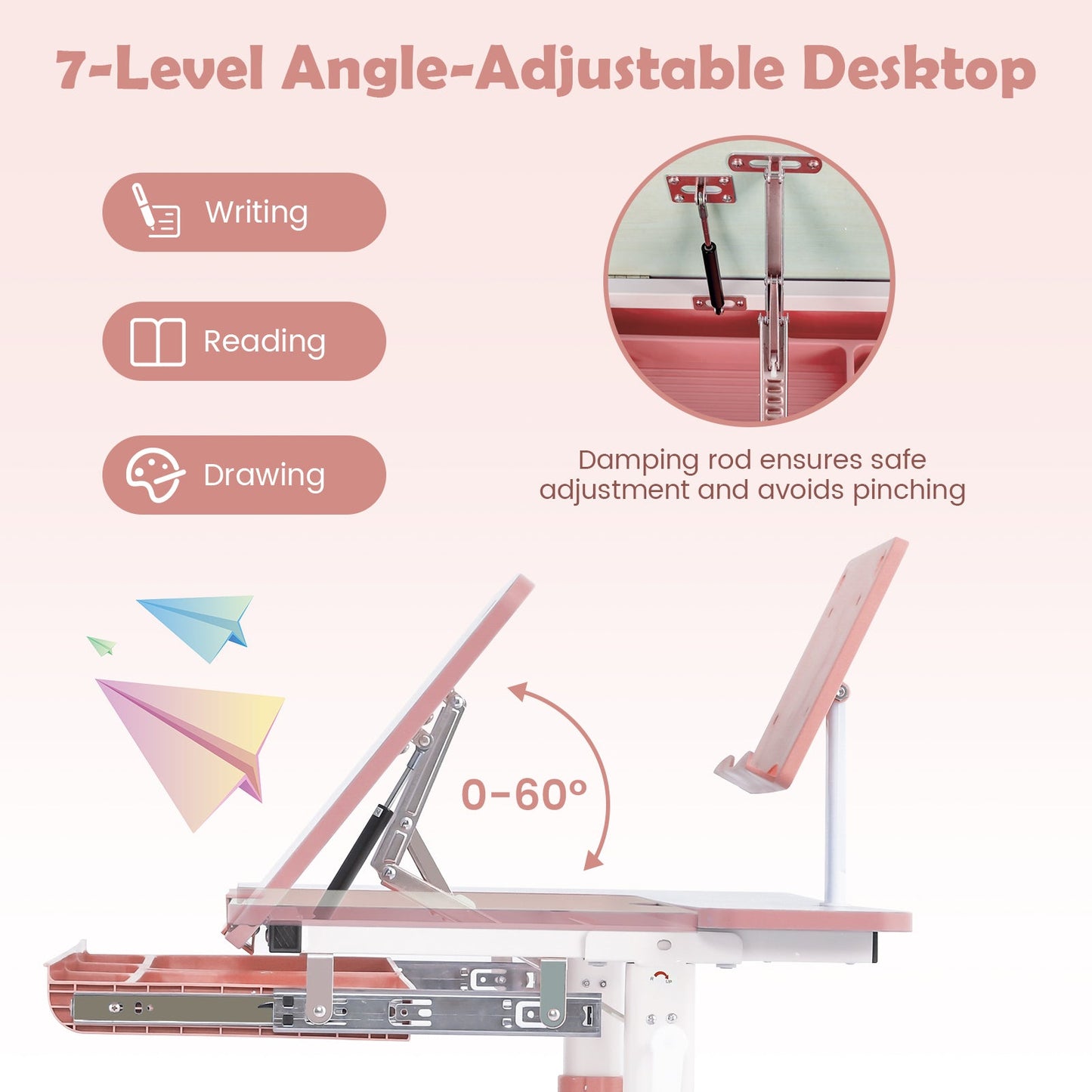 Bureau pour enfants réglable en hauteur avec plateau inclinable - Rose