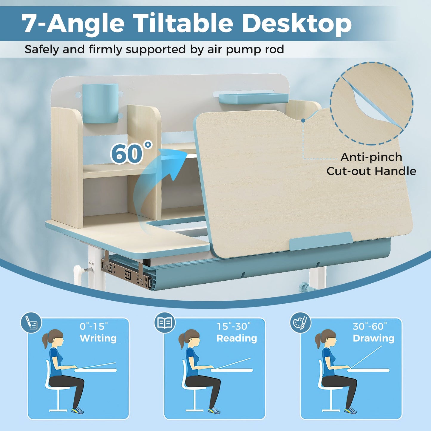 Escritorio de Estudio Ajustable en Altura para Niños con Superficie Inclinable - Azul