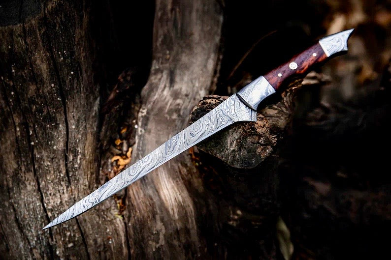 Premium Handmade Damascus Steel Fish Fillet Knife – 13” Rosewood Handle with Leather Sheath - Korvel