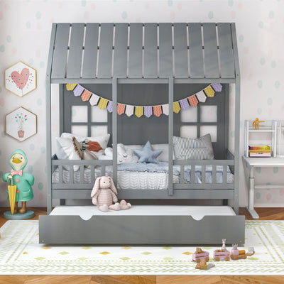 Cama en forma de casa tamaño twin con cama nido - Gris