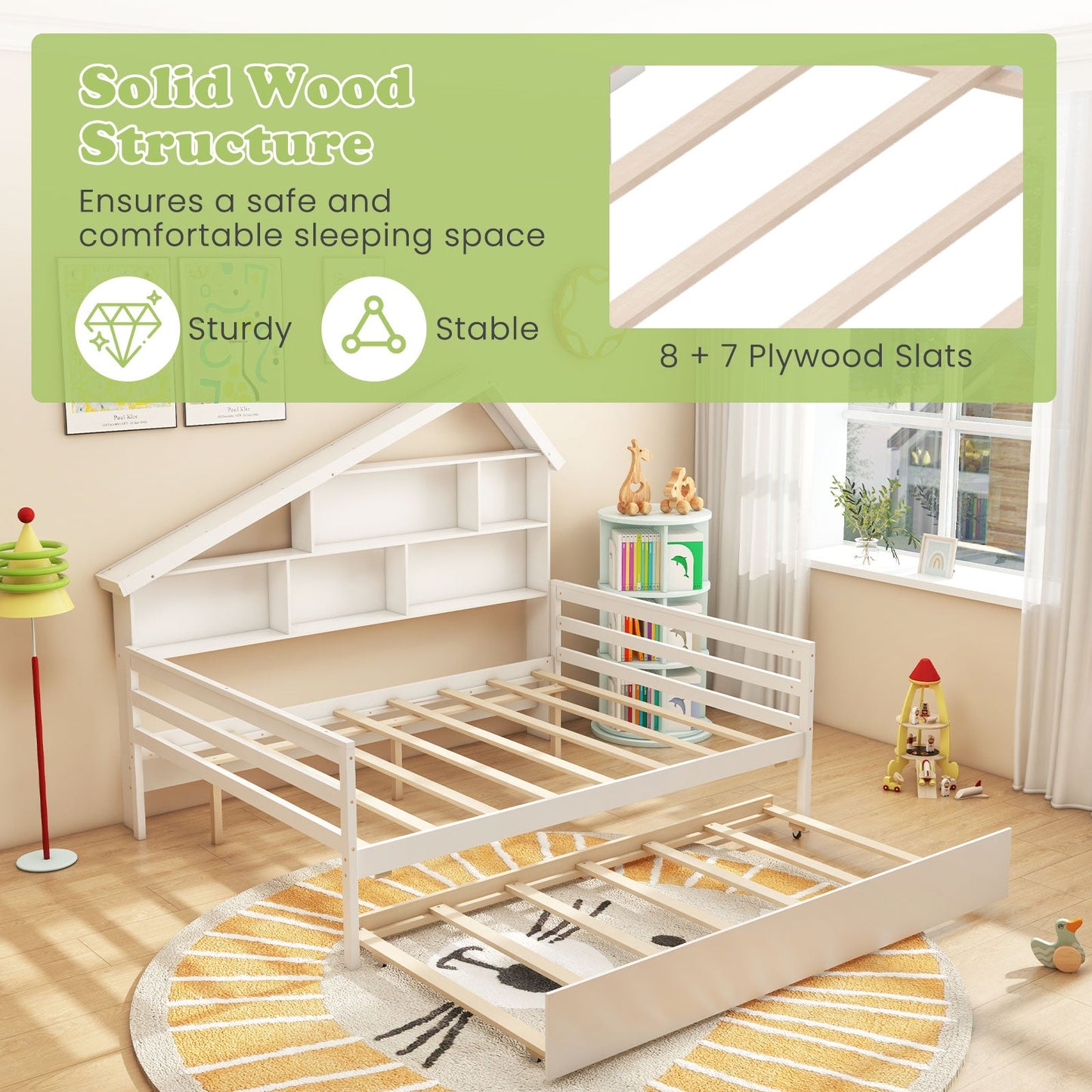 Cama tipo casa de tamaño completo con cama nido de tamaño individual - Blanca