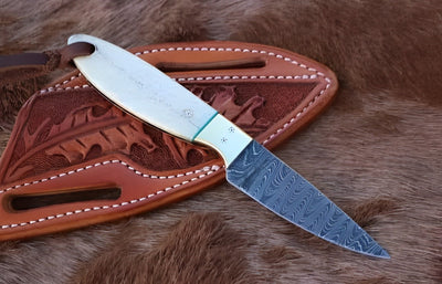 Premium Western Damascus Cowboy Belt Knife with Bone Handle & Leather Sheath - Korvel