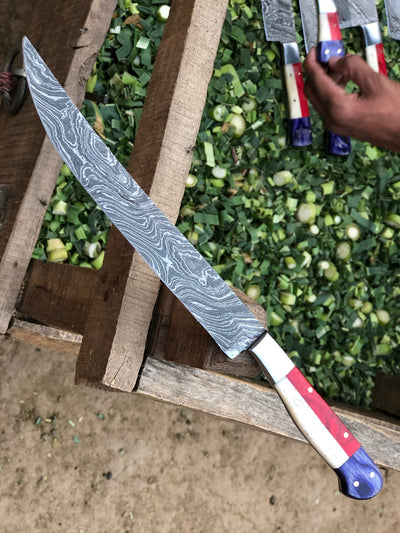 Handcrafted Texas Flag Damascus Steel Fillet Knife with Exotic Wood Handle - 12.5 Inches - Korvel