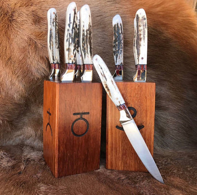 Premium 6-Piece BBQ Steak Knife Set with D2 Steel Blades and Antler Horn Handles in Elegant Wooden Case - Korvel