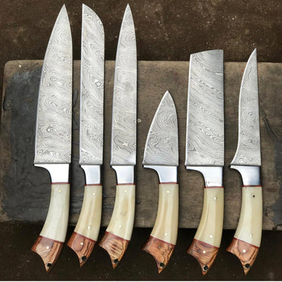 Artisan Crafted 6-Piece Kitchen Knife Collection with Twist Damascus Blades and Luxurious Wood Handles - Korvel