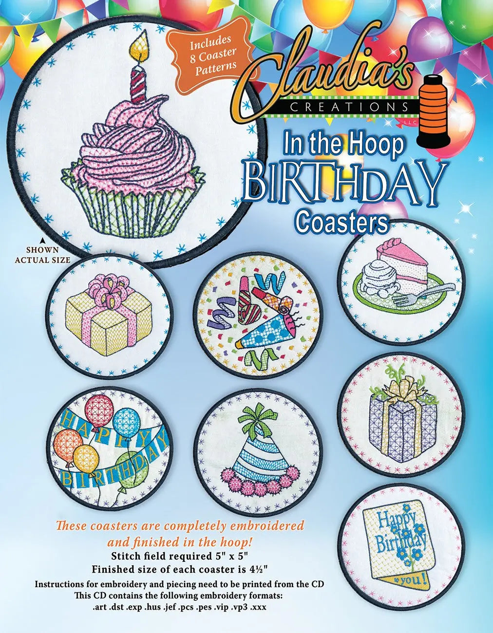 Juego de Posavasos de Cumpleaños In The Hoop Set de 8