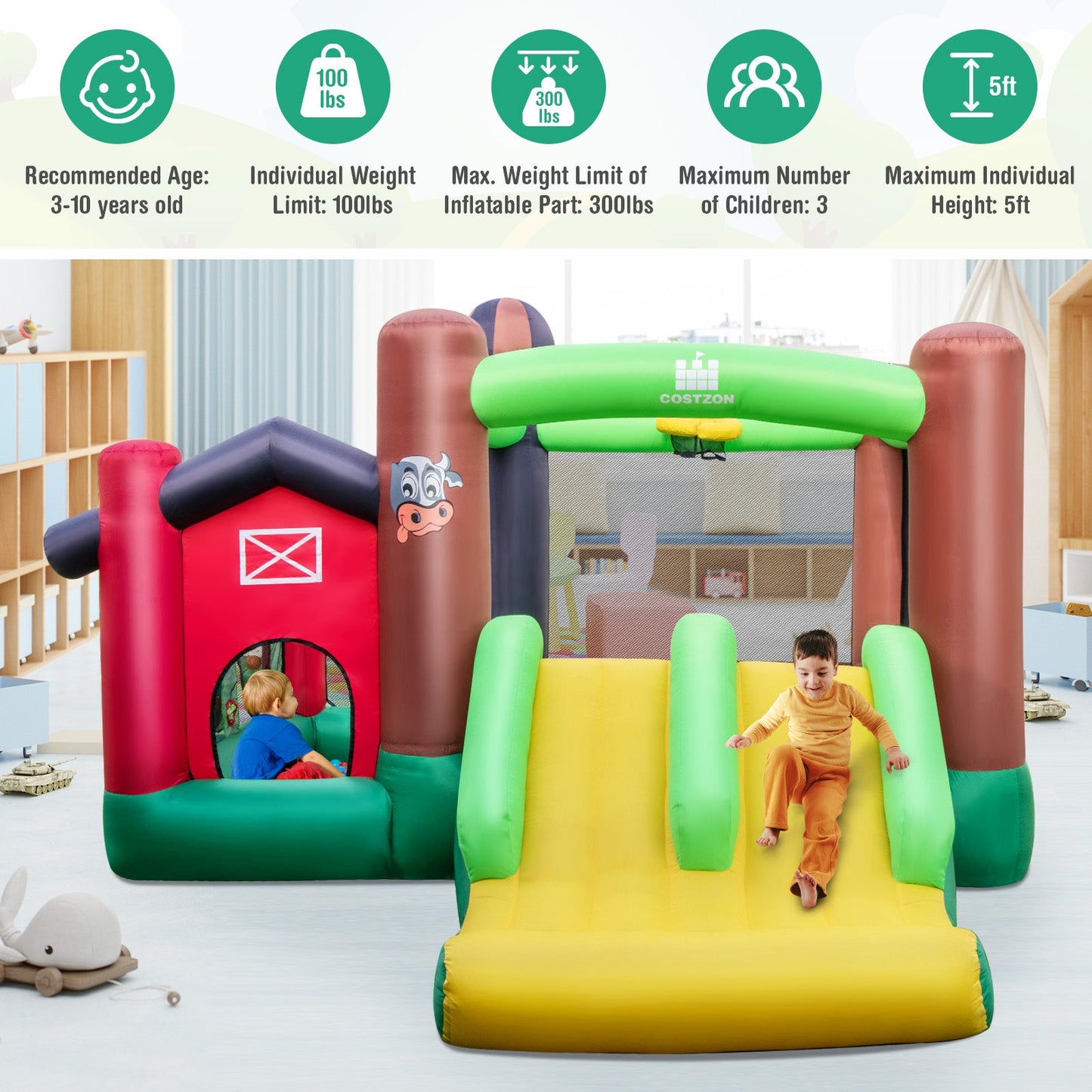 Castillo Inflable Temático de Granja 6 en 1 con Trampolín