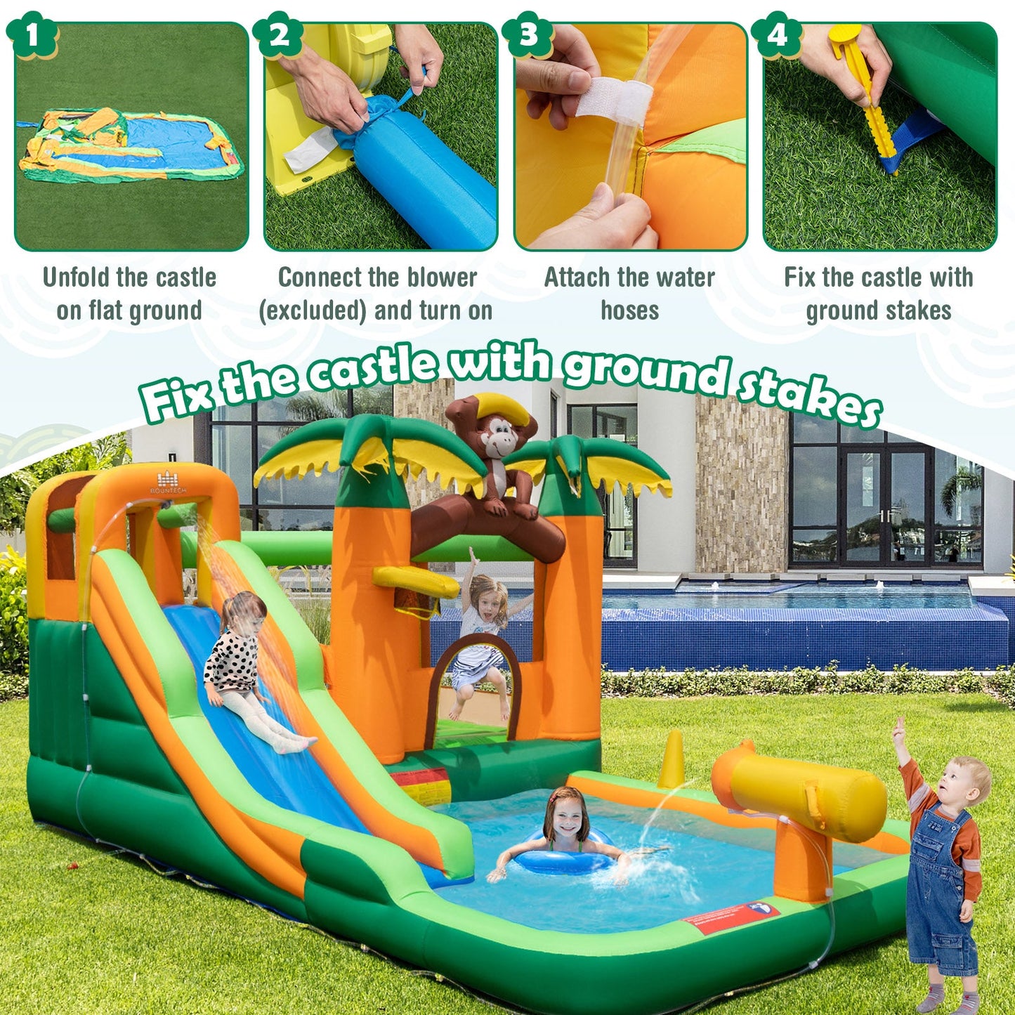 Monkey-Themed Inflatable Bounce House with Slide