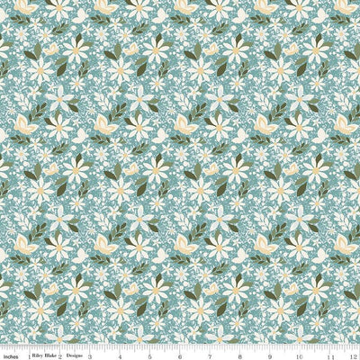 Juju's Petals Dance Teal Cotton Fabric - 43"/44" Per Yard