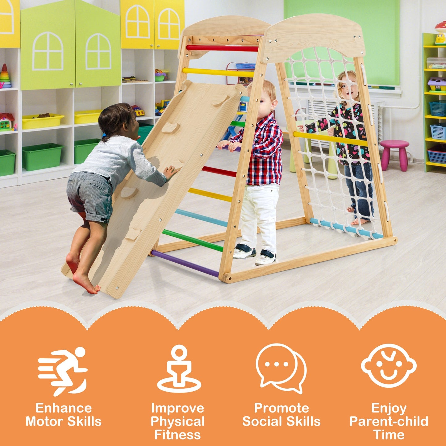 6-in-1 Jungle Gym Wooden Indoor Playground with Ramp & Monkey Bars