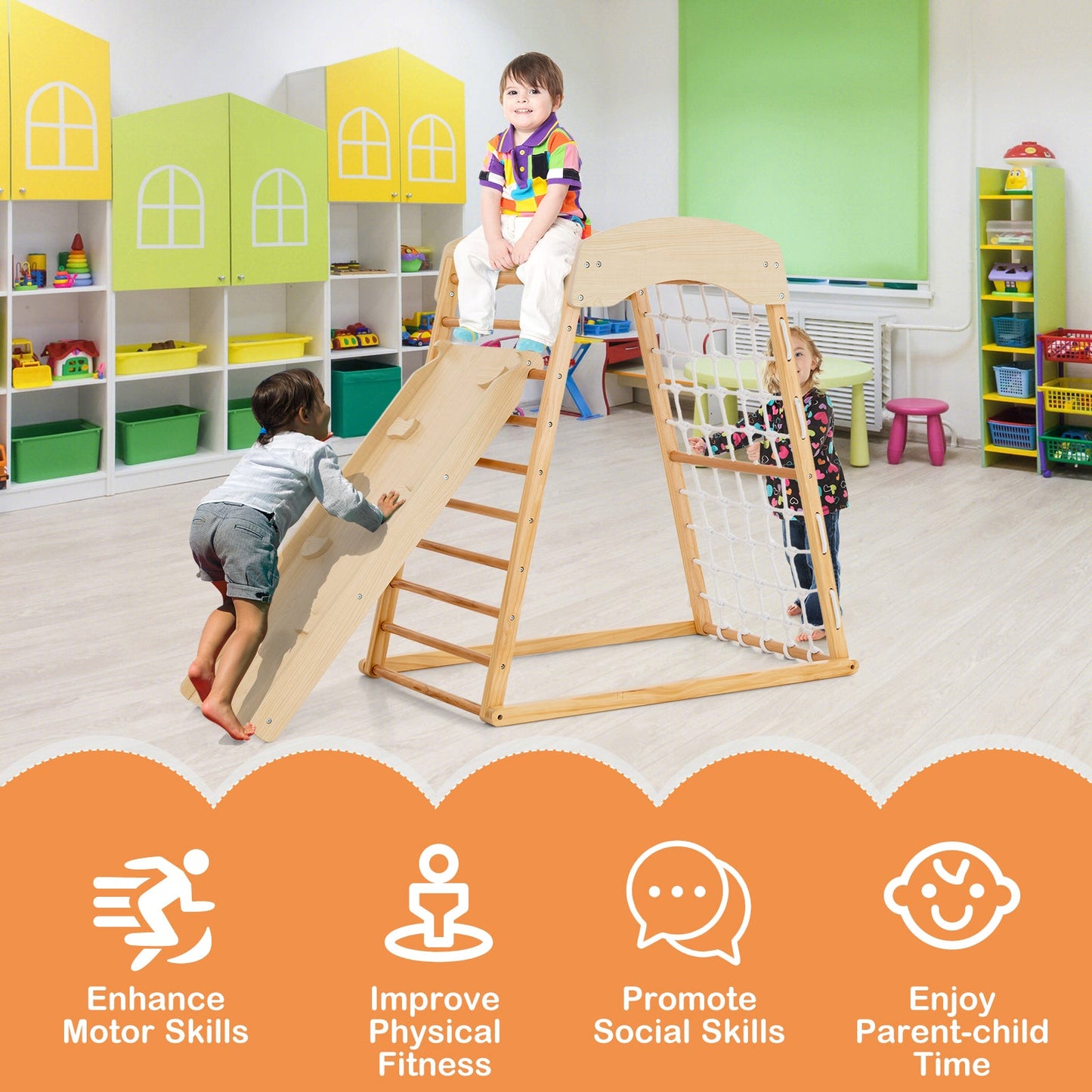6-in-1 Wooden Jungle Gym with Double-Sided Ramp