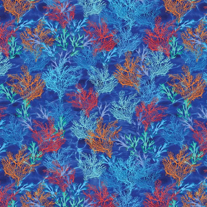 Tela de algodón de fondo ancho Blue Coral Reef - Calidad premium
