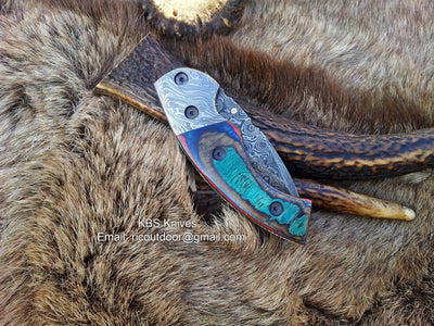 SpectrumEdge Damascus Steel Folding Pocket Knife with Colorful Wood Handle - Korvel