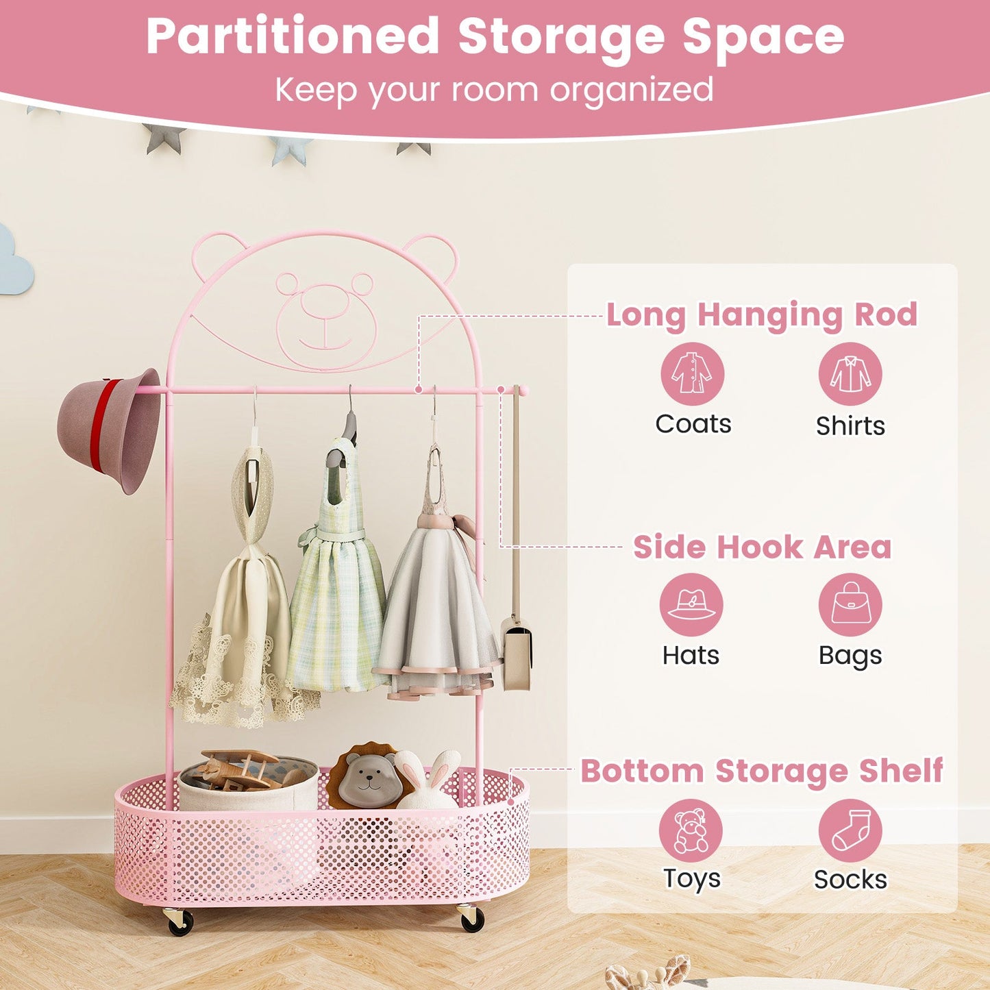 Perchero para Niños con Alturas Ajustables y Ruedas - Rosa