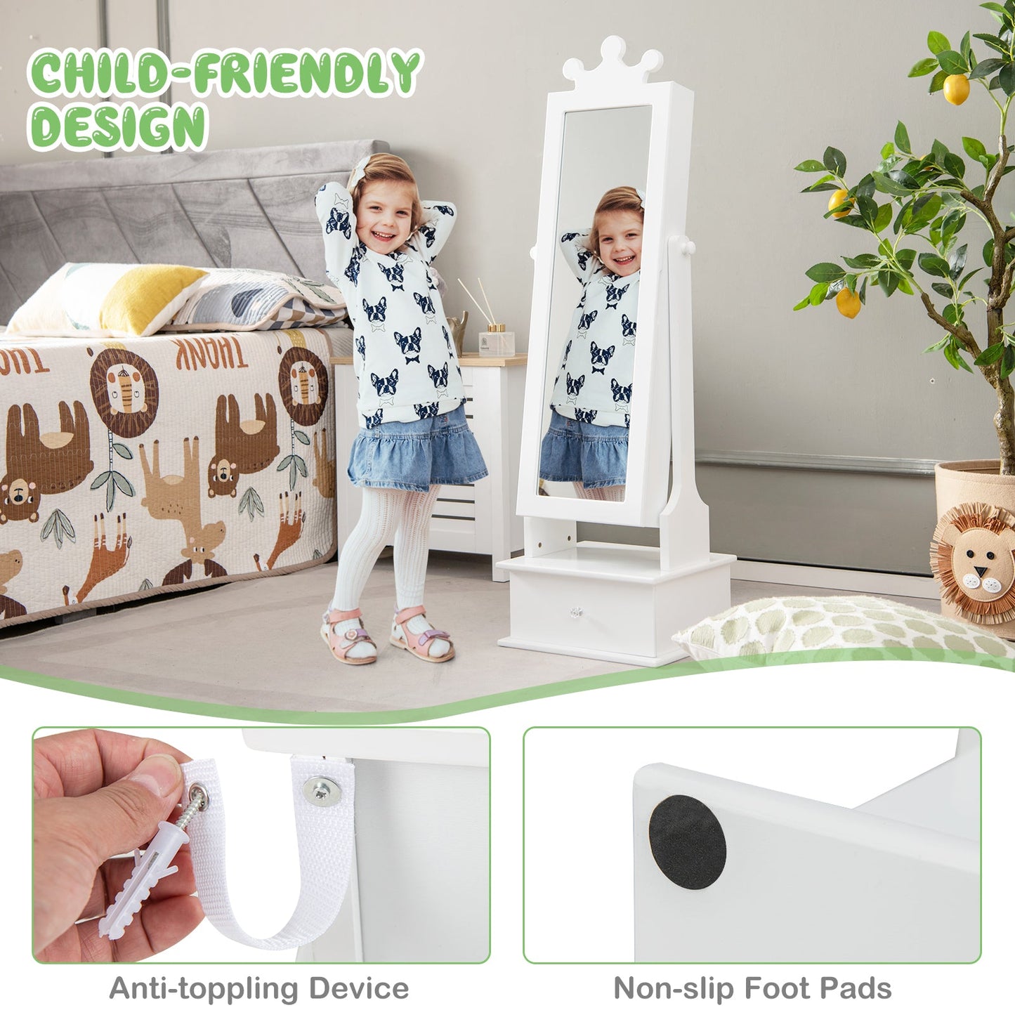2-in-1 Kids Play Jewelry Armoire with Full Length Mirror - White