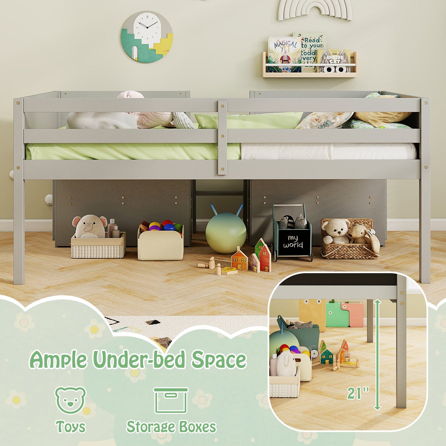 Kid Twin Size Low Loft Bed with Chalkboard Ramp and Bookcases - Gray