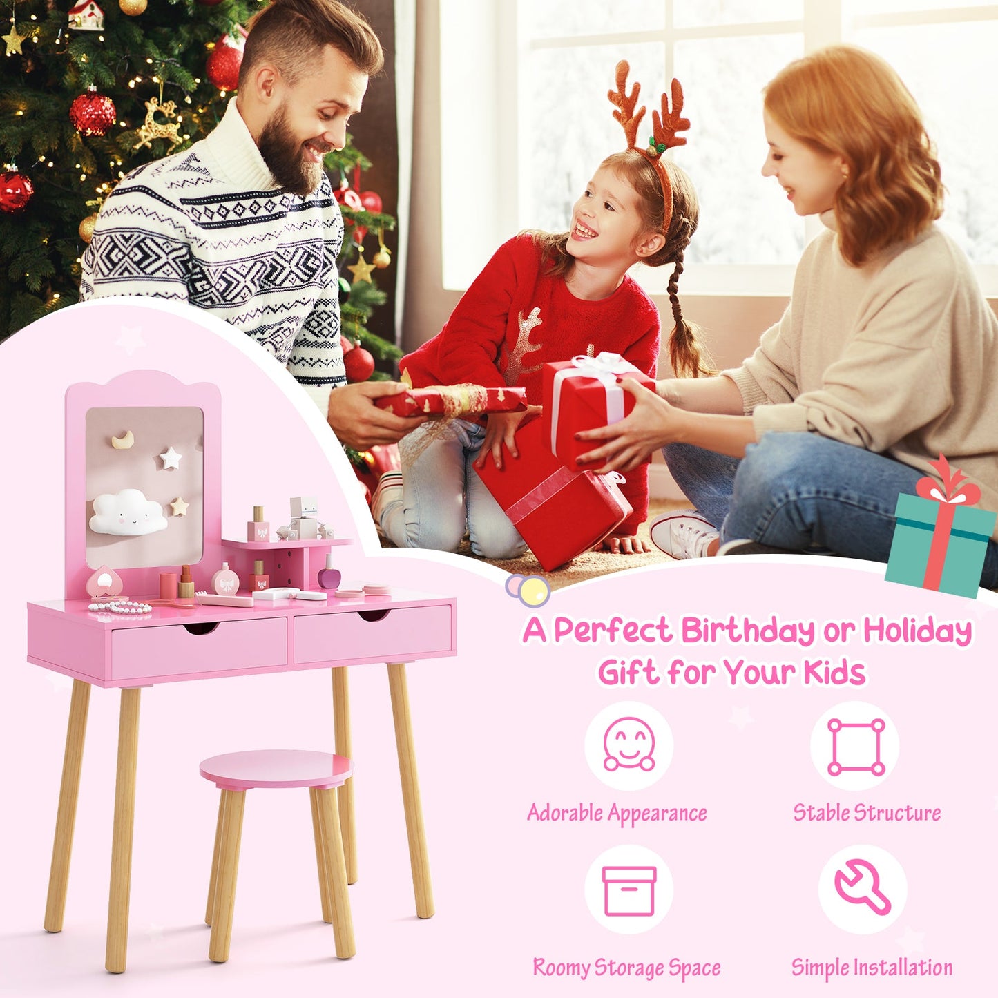 Conjunto de Mesa de Tocador para Niños con Espejo y Almacenamiento - Rosa
