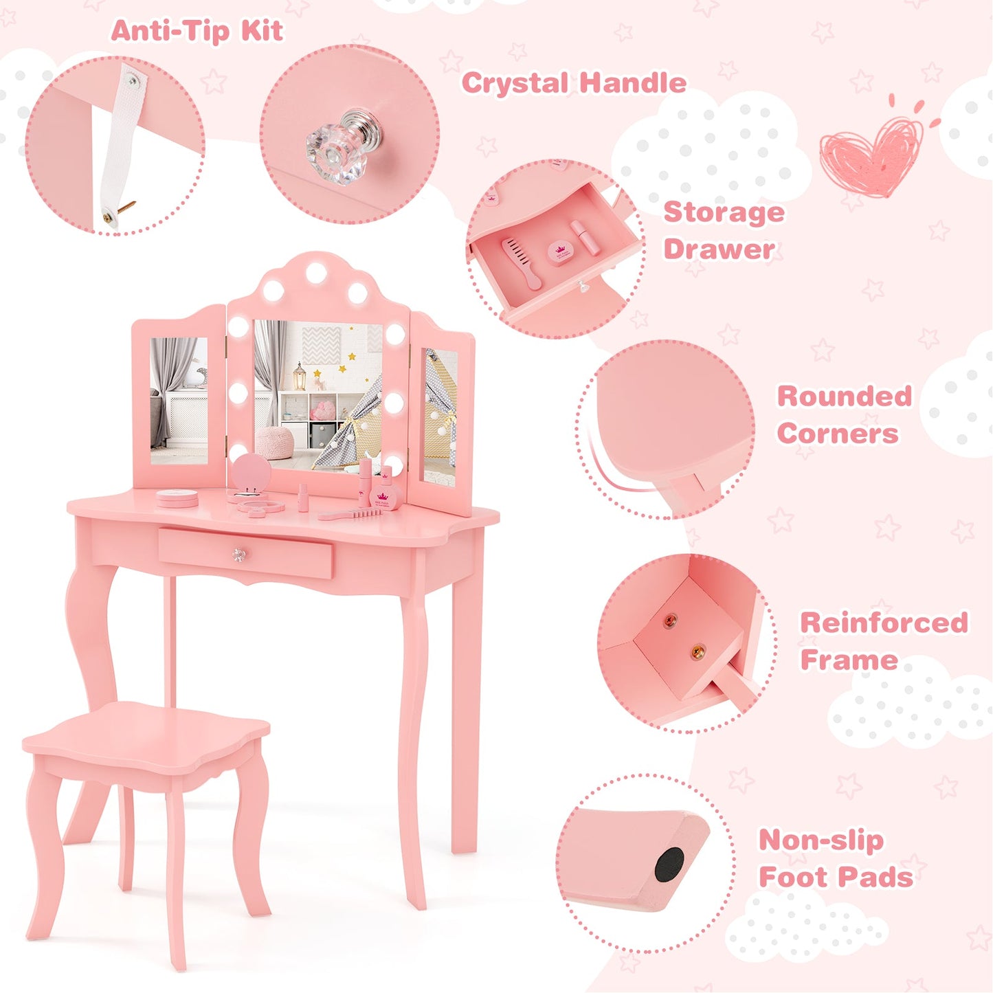Conjunto de Mesa de Tocador Infantil con Taburete, Espejo Triple y Luces LED - Rosa