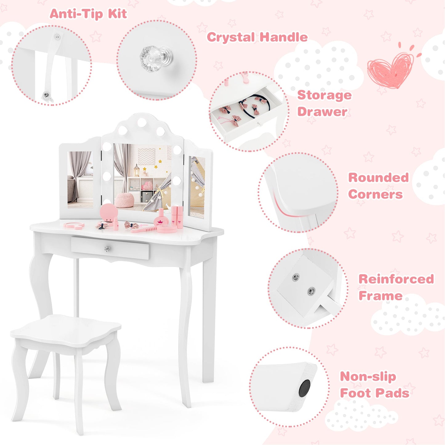 Kid Vanity Table Stool Set with Tri-Folding Mirror and LED Lights - White