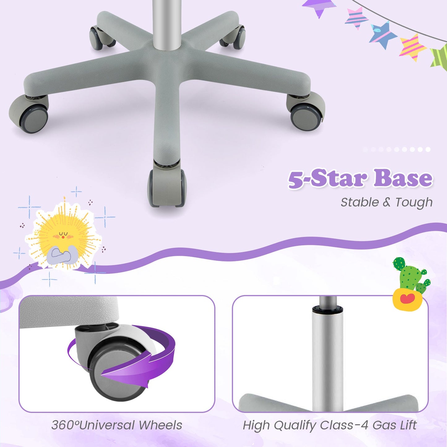 Adjustable Purple Desk Chair with Auto Brake Casters for Kids