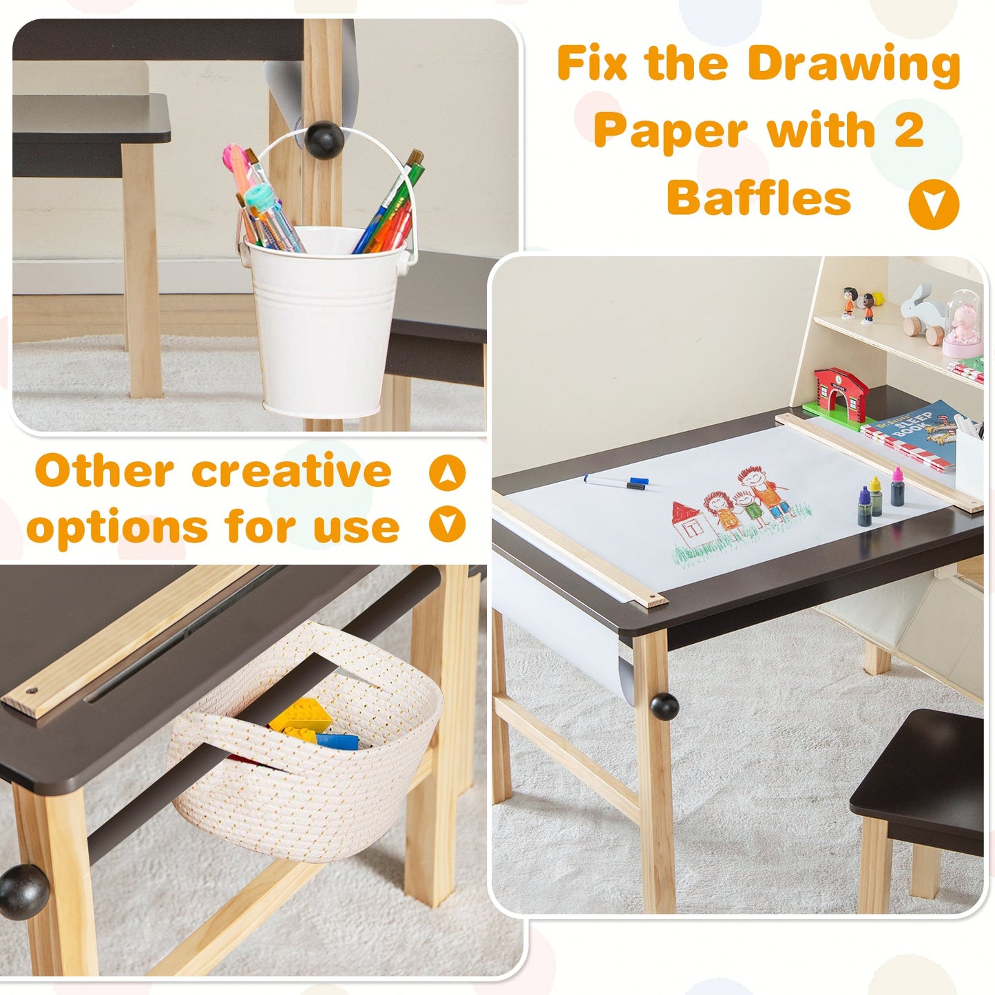 Ensemble de table et chaises pour enfants avec rouleau de papier et bacs de rangement - Café