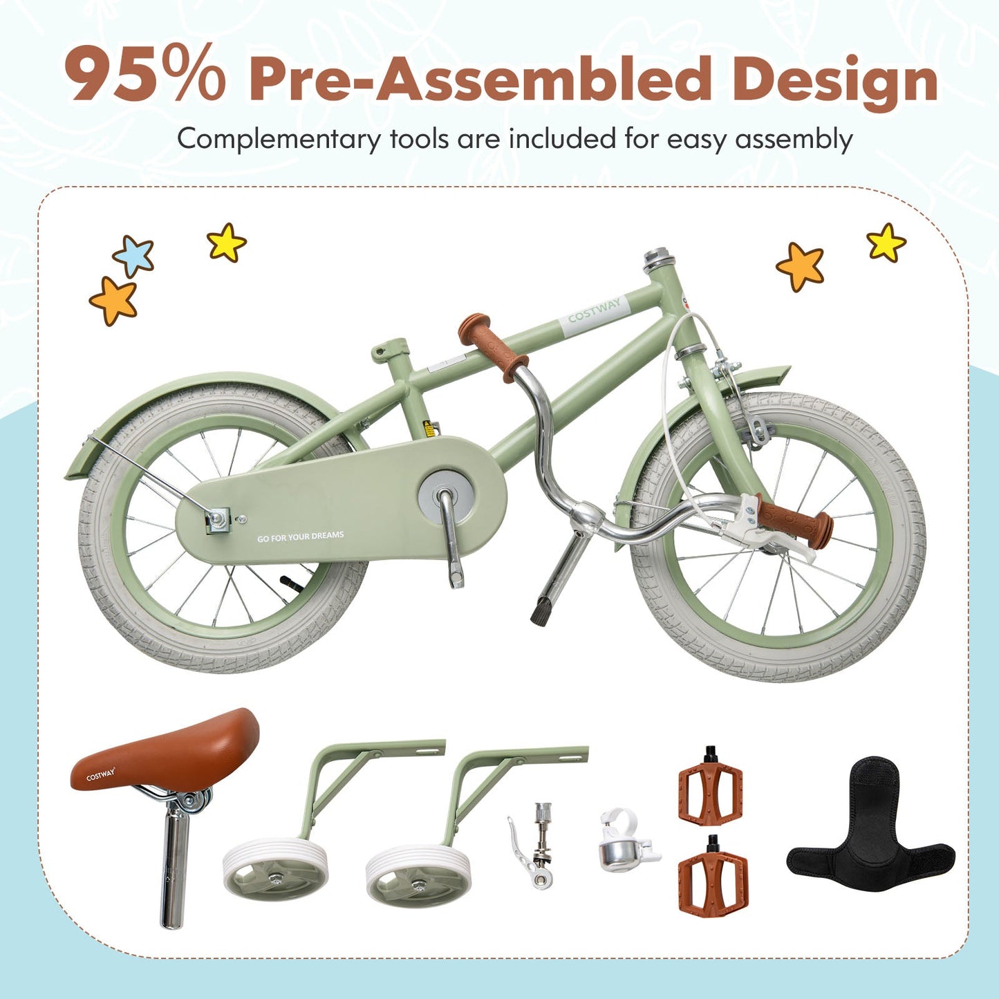 Vélo pour enfants avec guidon et selle réglables - Vert, 14 pouces