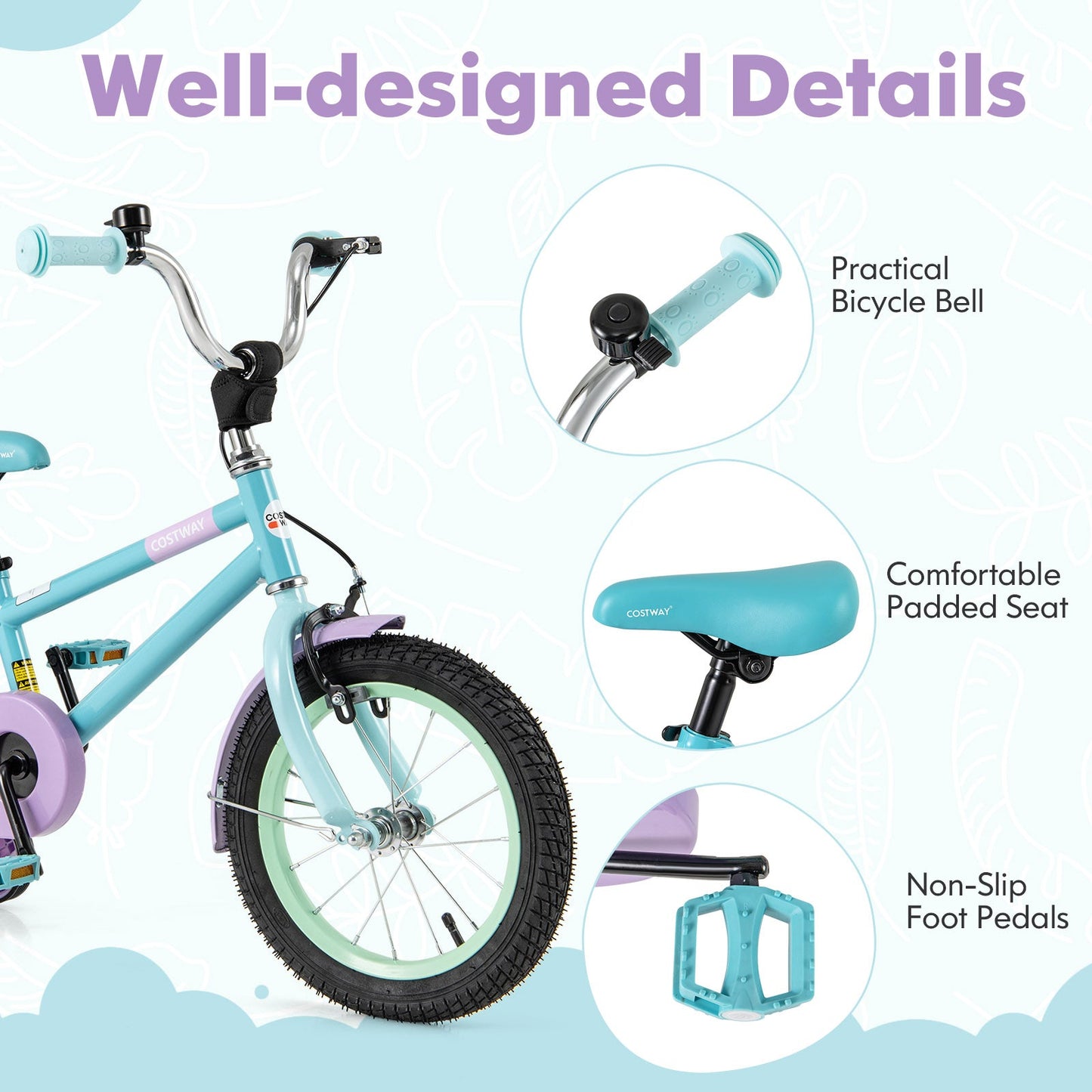 Bicicleta para Niños con Manillar y Sillín Ajustables - Morado 14 Pulgadas