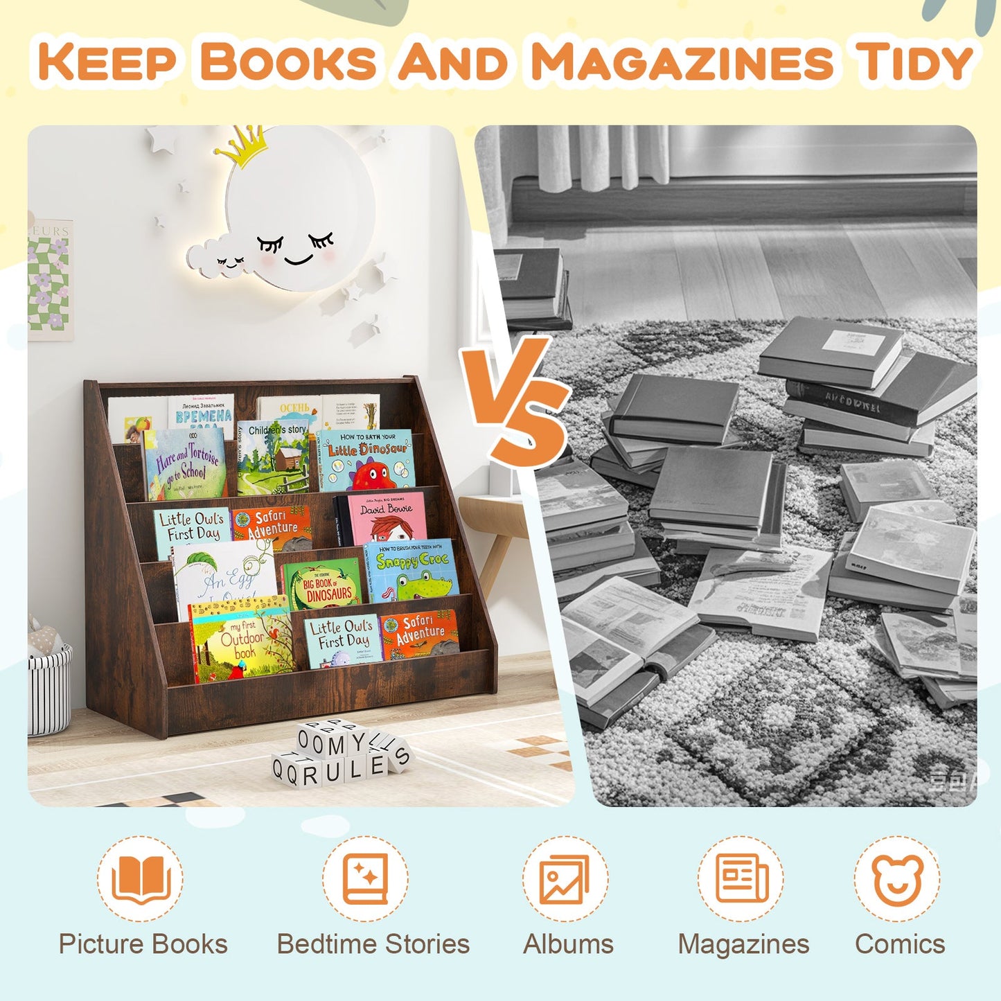 5-Tier Kids Bookshelf - Rustic Brown with Deep Compartments