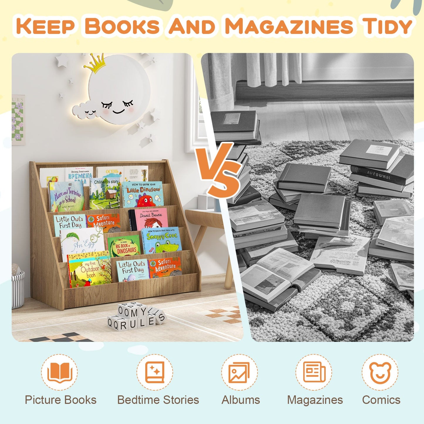 5-Tier Kids Bookshelf with Deep Compartments - Natural