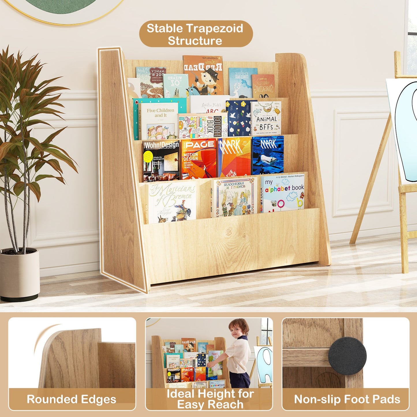 Estantería para Niños de 4 Niveles con Compartimentos Profundos - Acabado Natural