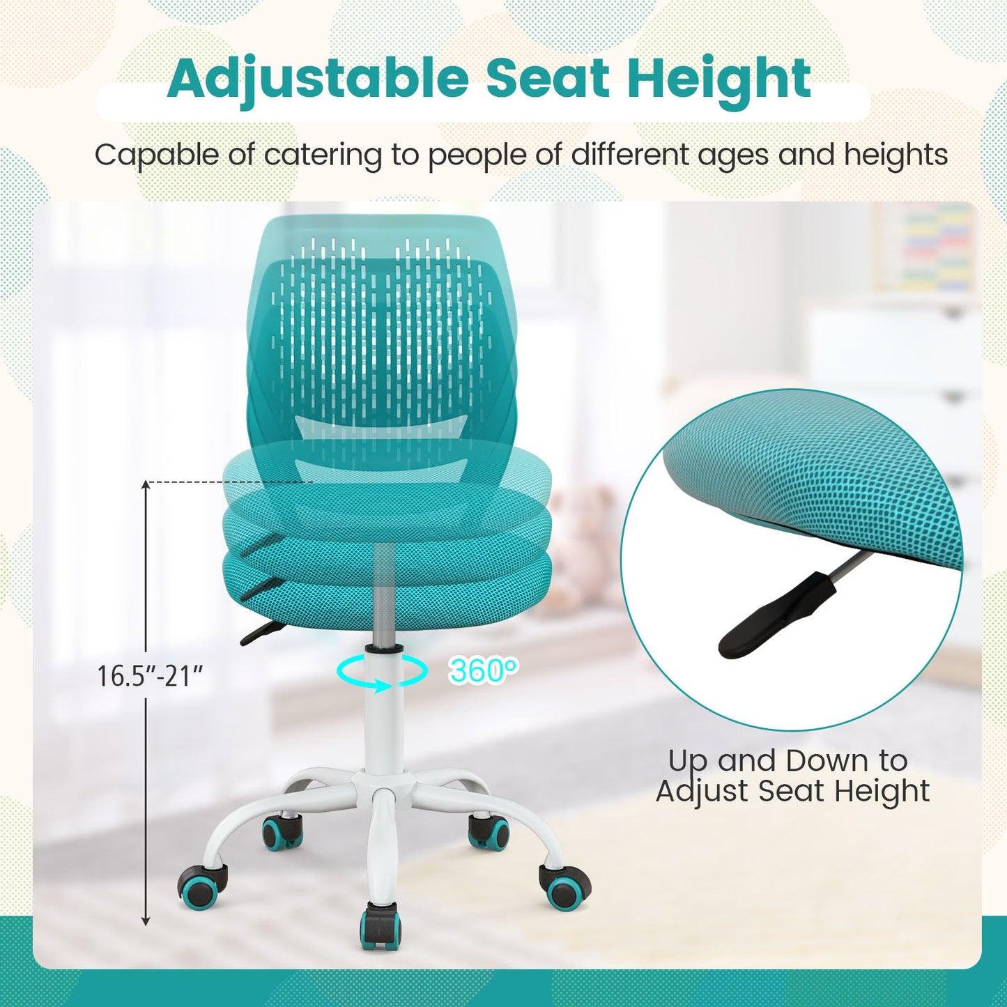 Chaise d'étude ergonomique pour enfants - Hauteur réglable en turquoise