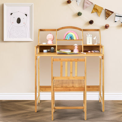 Conjunto de Escritorio y Silla de Bambú para Niños con Estantería